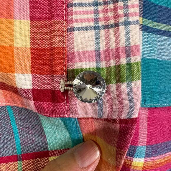 SAM TY Blazer 6 Madras‎ Plaid Patchwork Cotton Crystal Buttons Lined Preppy - Picture 9 of 14